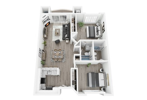 Floor plan for 2 beds, 2 baths, 933 sqft